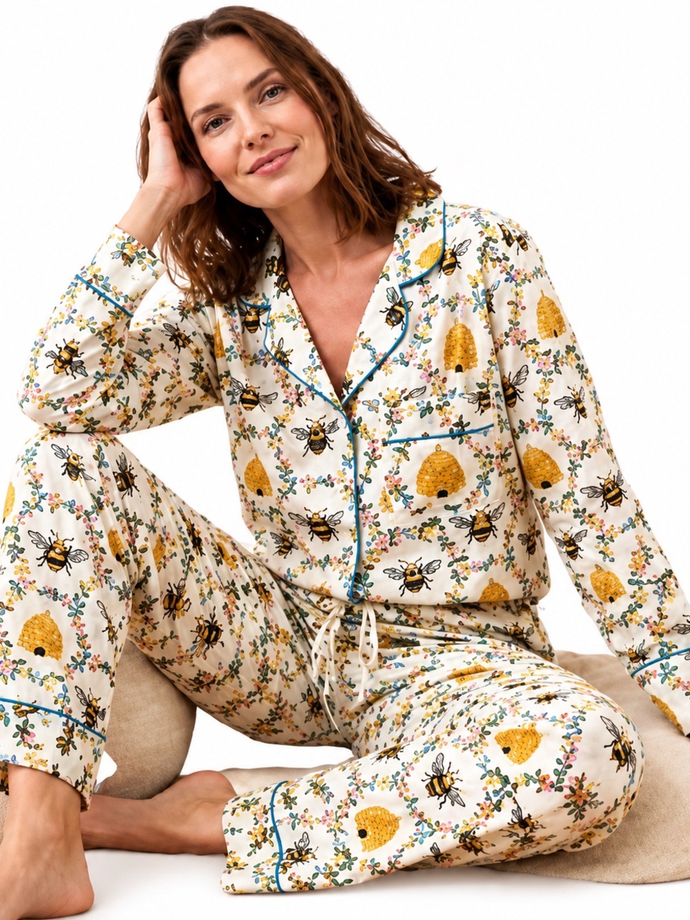 Printfresh Sweet Bee Cotton Pajama Top Pants Set Floral Sleepwear Size XS NWT